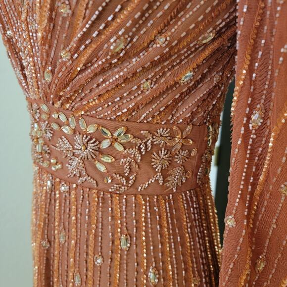 Mac Duggal 5593 Cognac Orange 2 Embellished V Long Sleeve Evening Midi Dress - Picture 8 of 14